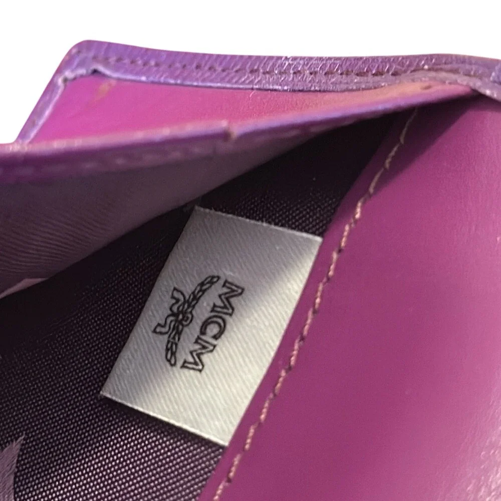 MCM Long Slim Wallet Purple Textured Leather Bifold Gold Logo Luxury
